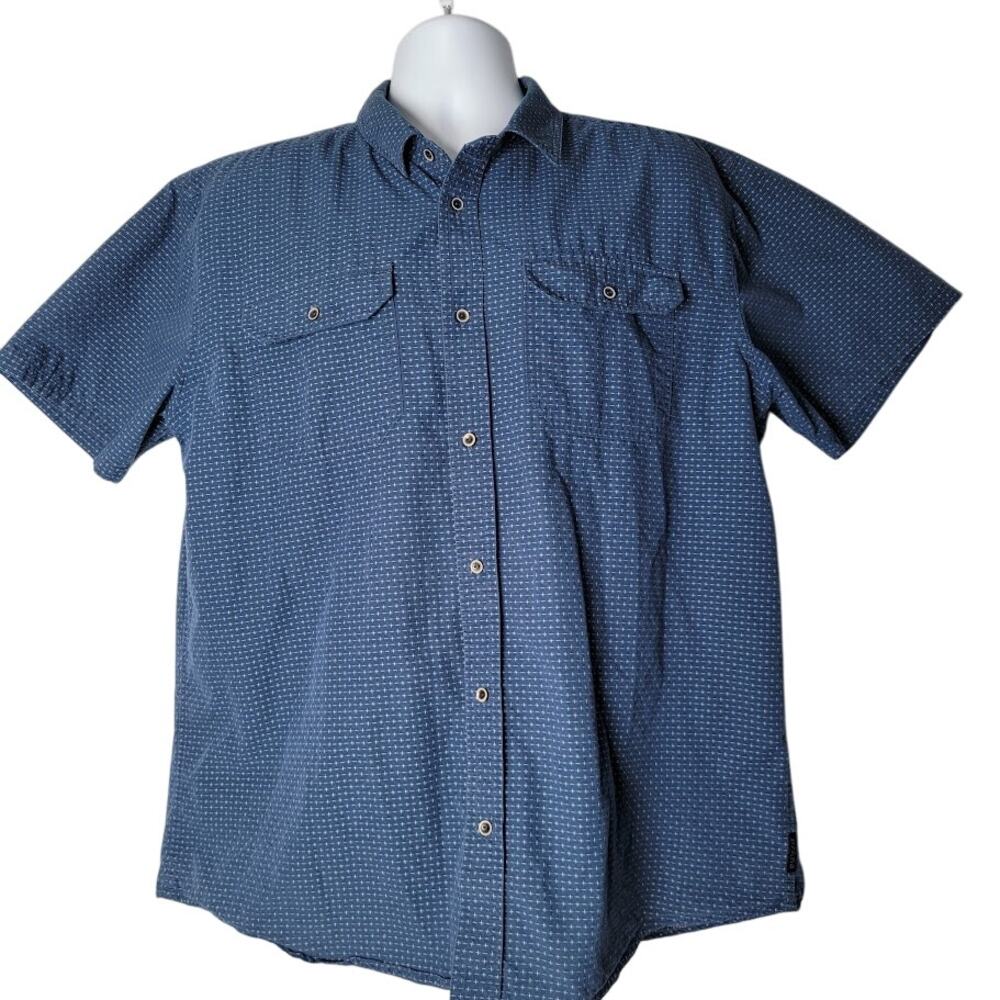 prAna Men’s Short Sleeve Button Up Shirt Blue Geometric‎ Print Casual Size XL